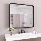 Black Bathroom Mirror 40X36 Inch, Black Metal Framed Mirror for Wall, Rounded Rectangle Matte Bathroom Vanity Mirror with Tempered Glass, Anti-Rust, Horizontal/Vertical