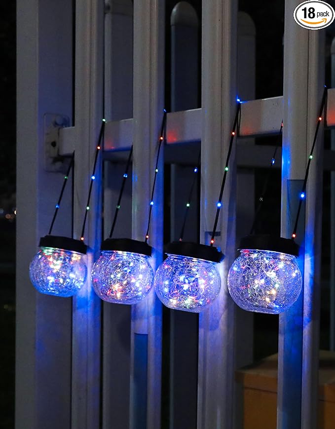 PARTPHONER Solar Lantern Solar Lights Outdoor Waterproof 18-Pack, Solar Powered Hanging Lights Cracked Glass Hanging Globes for Christmas Decoration, Shepherd Hook, Garden Tree Ornaments, Multi-Color