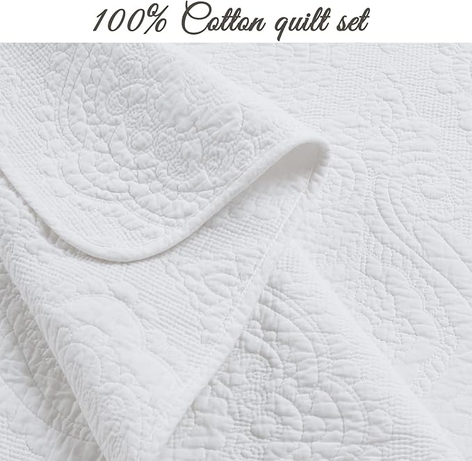 Cozy Line Home Fashions 100% Cotton Matelasse Medallion Solid White Luxury Chic Bedding Quilt Set, Reversible Lightweight Bedspread Coverlet for All Season (Medallion - White, Queen - 3 Piece)