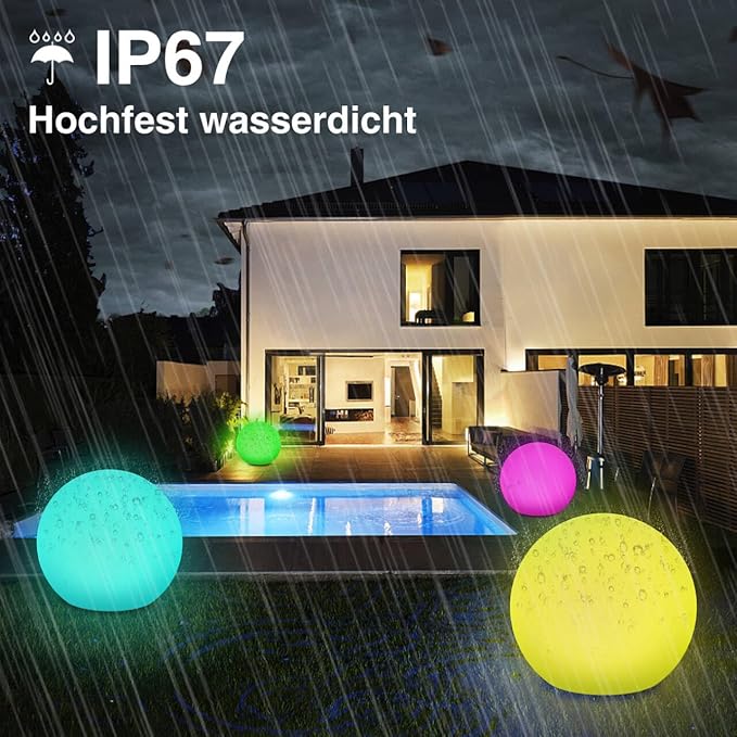 infray 12-Inch LED Ball Light, Solar Rechargeable Globe Light Color Changing Solar Globe Lamp IP67 Waterproof Outdoor Garden RGB Orb Light for Patio Pool Yard Bar Party Decorative Lighting