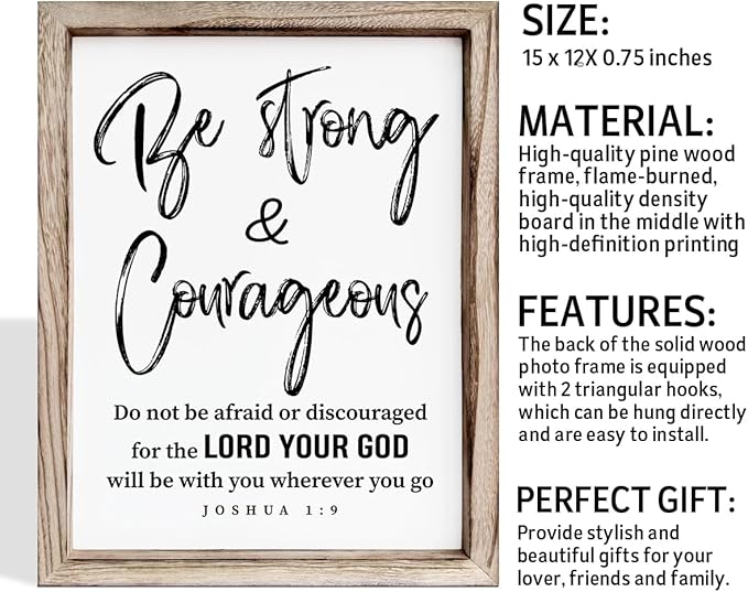 Inspirational Wood Signs, Christian Wooden Wall Plaque, Religious Home Decor, Bible Verse Decor Art, Framed Wall Plaque Sign 15 * 11.5 inches, Be Strong and Courageous Sign
