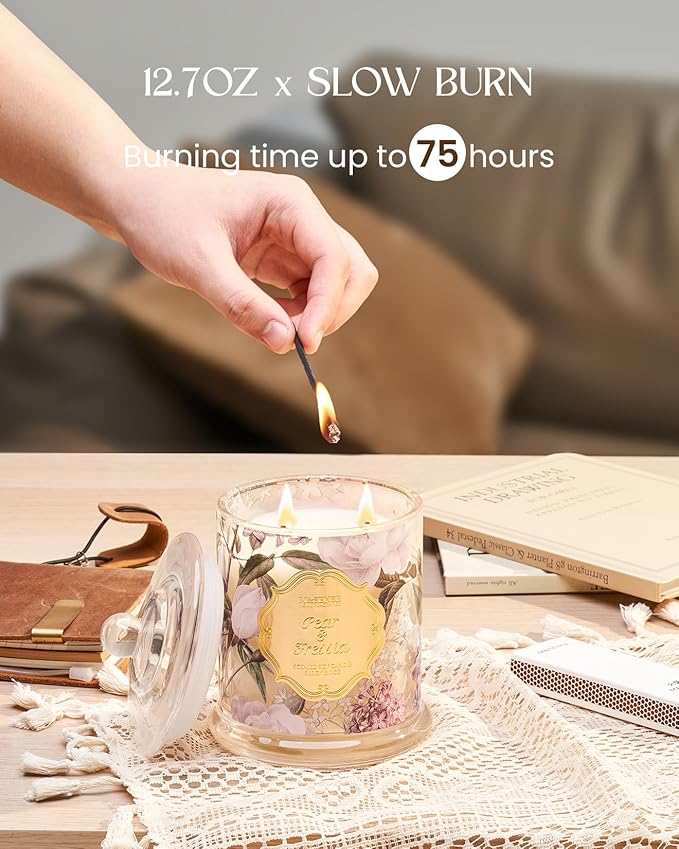 M&SENSE Pear Fressia Candles Home Scented, Organic Soy Candle 12.7oz 75 Hour Long Lasting Slow Burning, Spring Floral Fragrant Relaxing Aromatherapy Candle, Aaesthetic Candle Gift for Women