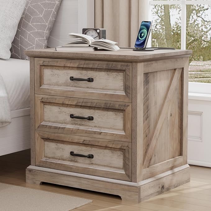 HOMMPA 24'' Farmhouse Nightstand with Charging Station, Bedside Tables with Storage, Side Table with USB Port, 3 Drawers End Table Dresser, Wood Night Stand for Bedroom, Living Room, Greige