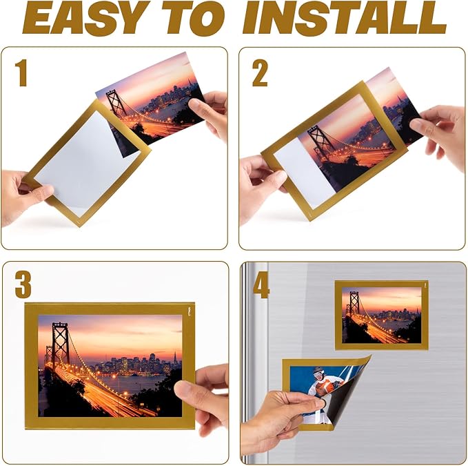 Magnetic Picture Frames(4"X6",10 Pack) with Golden Border,Magnet Photo Frame Pockets/Postcard Holder,Decorations for Home refrigerator/Office Whiteboard/school Locker/Classroom/Party