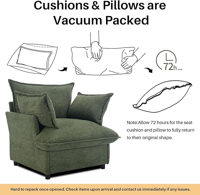 35.4" Wide Oversized Chenille Single Sofa Chair with 2 Pillows, Modern Upholstered Accent Chair Armchair for Livingroom Bedroom Apartment, Green