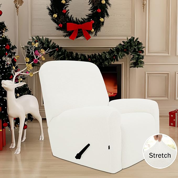 Easy-Going Recliner Stretch Sofa Slipcover Sofa Cover 4-Pieces Furniture Protector Couch Soft with Elastic Bottom, Spandex Jacquard Fabric Small Checks(Recliner,Cream)