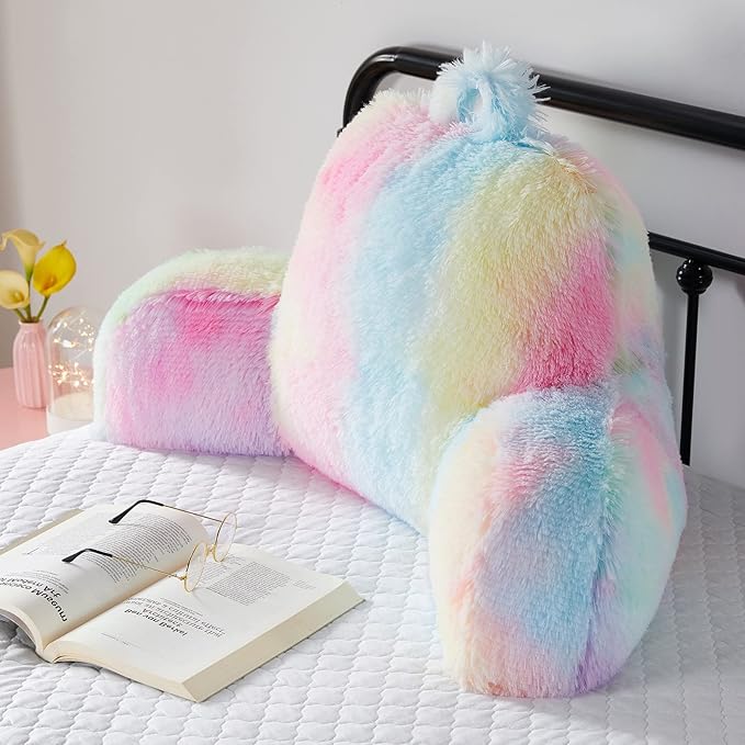 Fluffy Fur Reading Pillow for Adults & Kids Unisize, Stylish College Essentials for Girl, Fuzzy Back Pillow for Sitting in Bed, Adorable Gift for Teens, Bed Rest Sit Up Arm Support Pillow