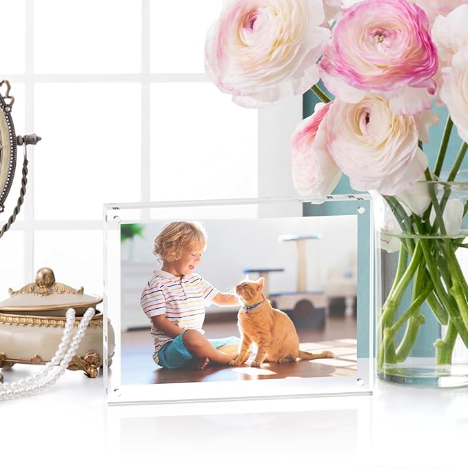 5x7 Acrylic Picture Frames, 20mm Thick Clear Frameless Magnetic Photo Frames, Double Sided Transparent Square Frame Gift for Desktop Display(1 Pack)