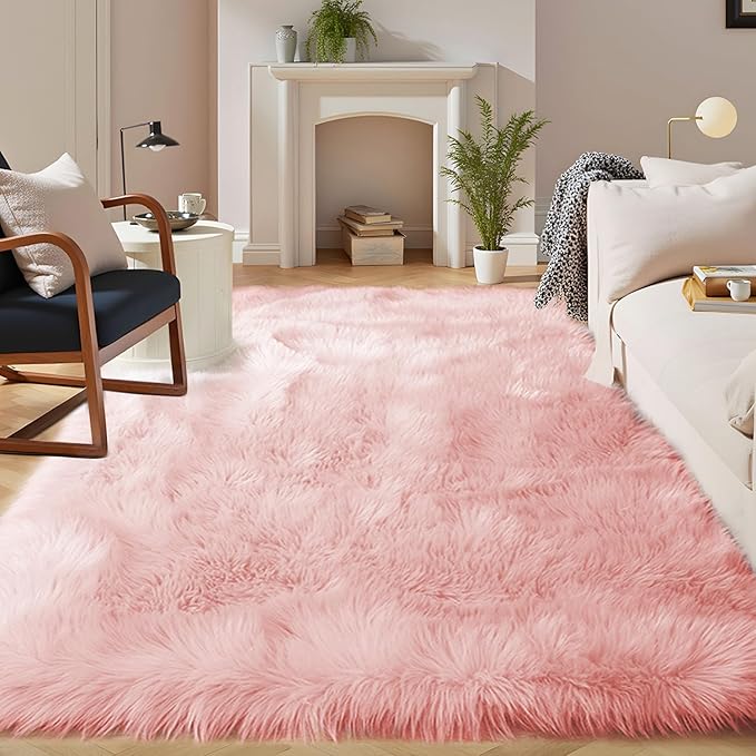 Latepis Pink Area 8x10 Shaggy Faux Sheepskin Fur Rug for Living Room Floor Cute Plush Carpet for Bedroom Girls Soft Furry Rug Luxury Home Decor