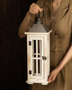 TIMRIS Large Rustic Wooden Decorative Lantern Set of 2, Modern Farmhouse Distressed Whitewash Floor Candle Lanterns, Indoor/Outdoor Hanging Lanterns for Home Decor (No Glass)