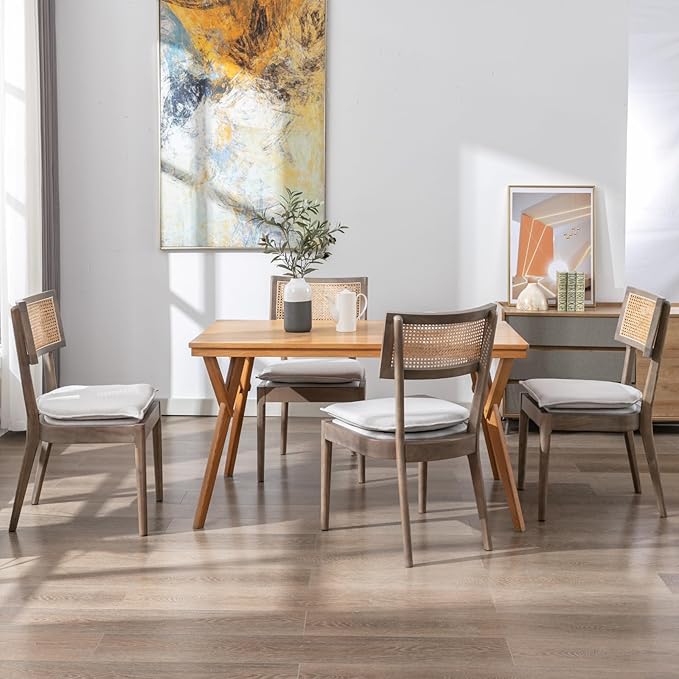 Rattan Dining Chairs Set Of 6 , Mid Century Modern Upholstered Cane Back Chairs with Removable Linen Cushion , Retro Farmhouse Natural Wooden Kitchen & Dining Room Chairs for Restaurant Living Room
