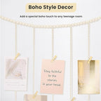 Macrame Hanging Photo Display Boho Wall Decor with String Lights Wooden Beads Garland Picture Frame Collage Holder with 30 Clips for Room, Bedroom, Dorm, Christmas Teenage Teen Girl Gifts (Beige, Medium)