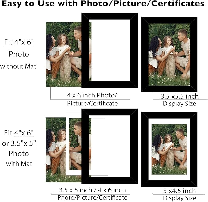 12 Packs 4x6 Picture Frames Bulk, Display 3.5x5 with Mat or 4x6 Without, Black Gallery Frame Set, 4 by 6 Frames Bulk Set of 12, Collage Wall Decor Photo Frame Set for Wall and Tabletop, Black