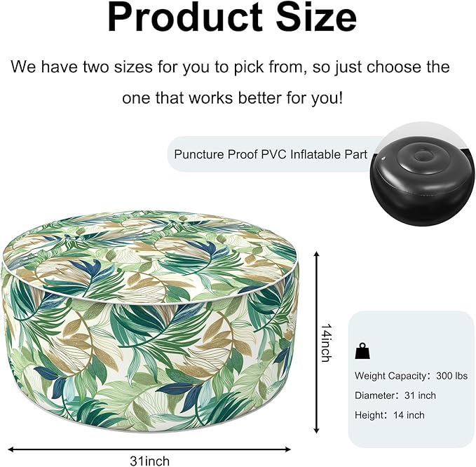 Inflatable Ottoman Stool D31 xH14 for Outdoor/Indoor Use, Water Repellent Patio Foot Rest Stool with Portable Handle,Round Pouf Ottoman Suitable for Garden,Deck and Camping - Lush Leaf Green