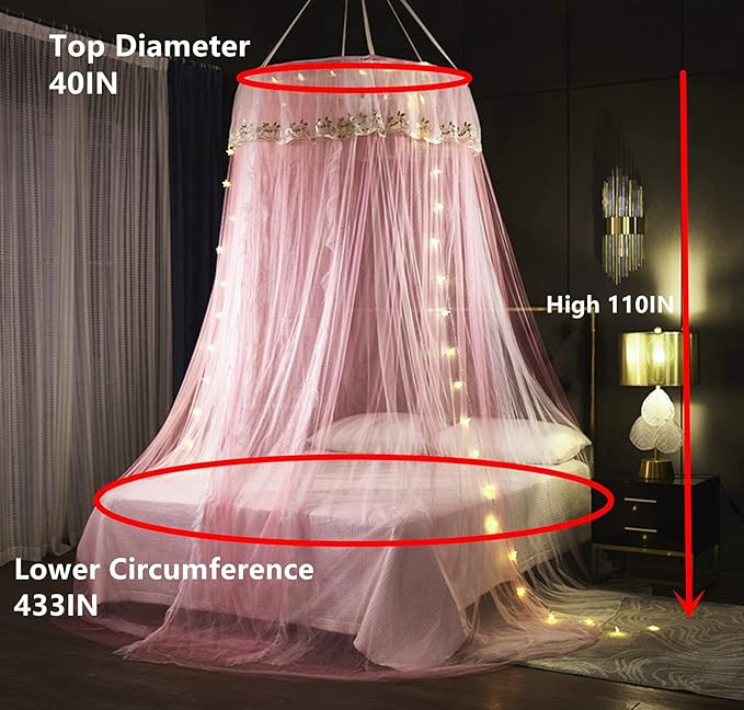 VETHIN Princess Bed Canopy for Girls Double Layer Sheer Mesh Dome Elegant Embroidery Lace Mosquito Net Bed Curtain for Full Queen King Bed with led Stars String Lights(Pink/White-1)