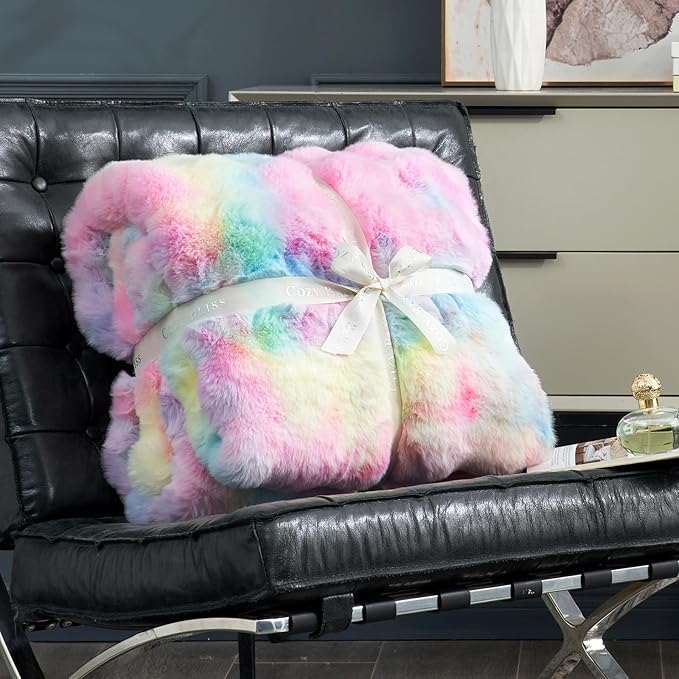 Cozy Bliss Faux Fur Throw Blanket for Couch, Fuzzy Soft Plush Thick Bubble Blanket for Sofa Bedroom Living Room, 60 * 80 Inches Tie-dye Rainbow