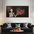 KAIRNE Halloween Skeleton Wall Art,Gothic Skull Canvas Set of 1(40”x20”),Romantic Spooky Floral Botanical Print,Scary Skull Painting,Horror Halloween Wall Art for Living Room Bedroom Goth Party Decor