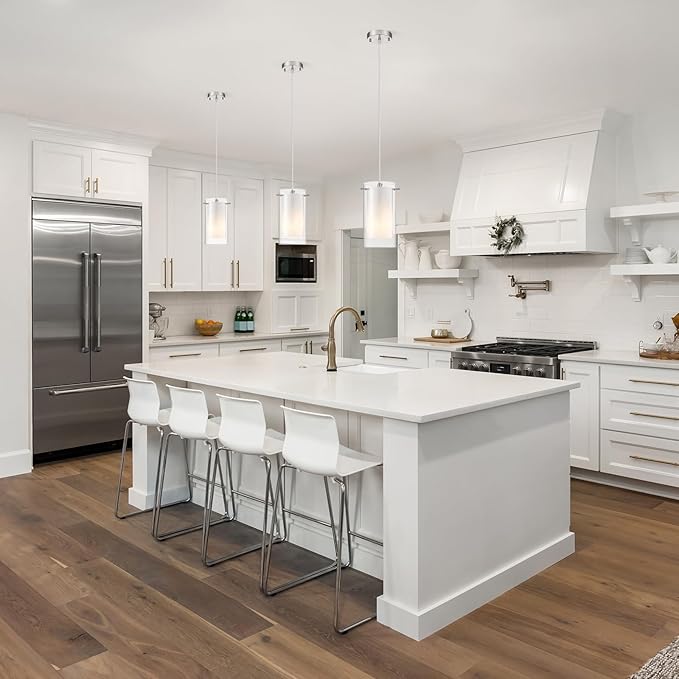 3-Light Pendant Light, Indoor Glass Hanging Light Fixture, Adjustable Height, Brushed Nickel Finish for Kitchen Dining Room