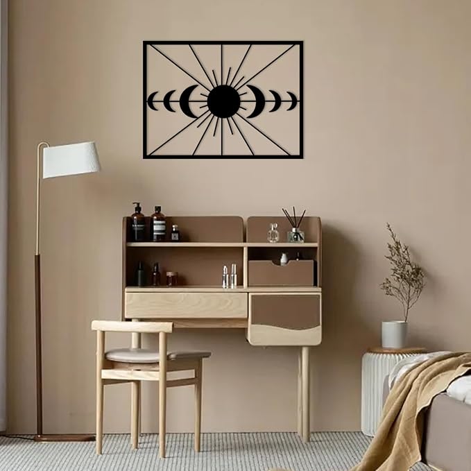 Metal Moon Phase Wall Decor - Sun and Moon Outdoor Wall Art, Set of Moons Artwork for Bedroom, Living Room, Office (Silver, 30x22in|76x56cm)