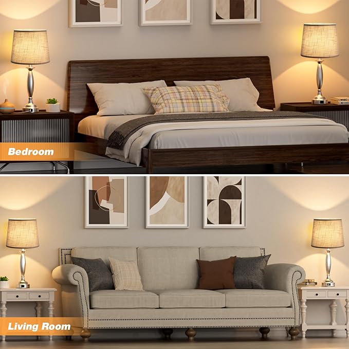 Lamps for Bedrooms Set of 2 - Touch Bedside Lamp with USB C+A, 3 Way Dimmable Nightstand Lamps with USB Port, Brushed Nickel Table Lamp for Living Room Guest Room Bed Side End Table(Mottled Gray)