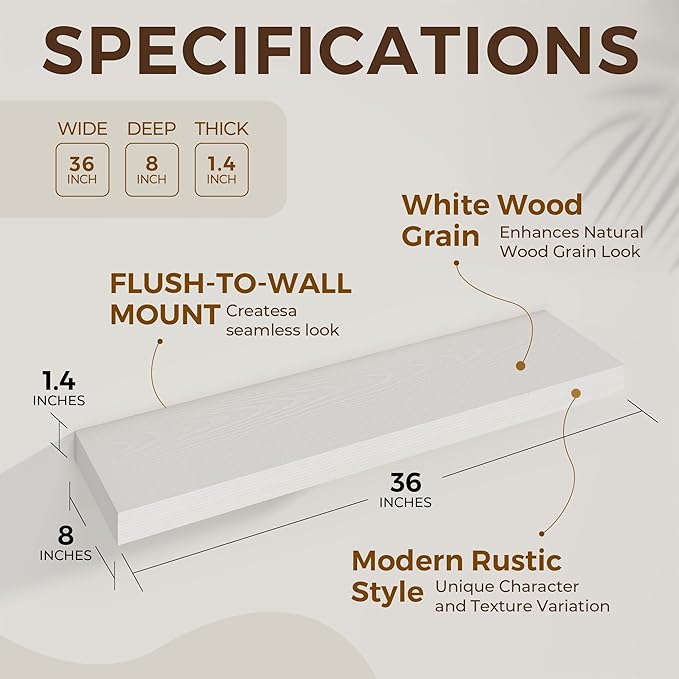 Dreamland 36 inch Floating Shelves Wall Shelves for Office with Invisible Brackets, 8 inch Deep Shelves for Bathroom, Living Room, Kitchen, Office, 36x7.9 inch deep Set of 2, White