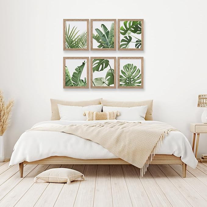 HoozGee Framed Botanical Wall Art Prints Set of 6 Tropical Leaves Plant Leaf Canvas Print Wall Decor Green Wall Art Posters Bedroom Living Room Decor (Tropical Leaf Art, 8"x10" FRAMED)
