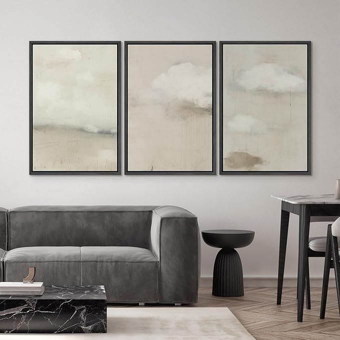 SIGNWIN Framed Canvas Print Wall Art Soft Neutral Cloudscape Minimalist Sky Photography Modern Art Minimalist Black and White for Living Room, Bedroom, Office - 24"x36"x3 Black