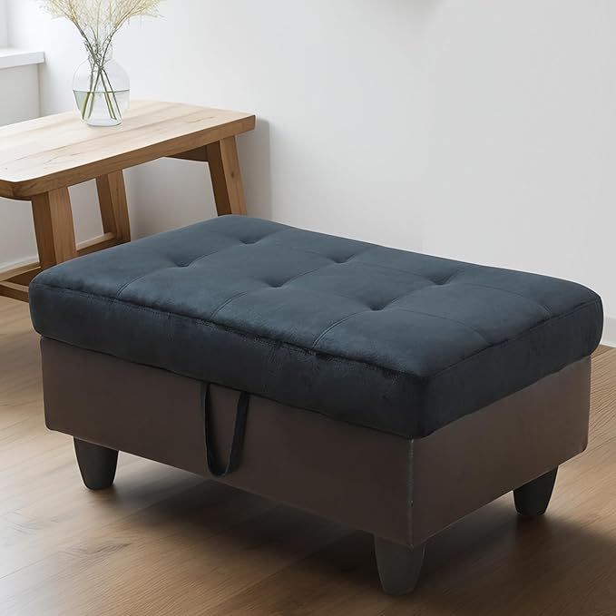 Ottoman Rectangular Storage Ottoman Bench, Flannel Footrest Stool Footstool with Lid for Living Room, Bedroom, Entryway, Dark Blue&Brown, 35"x23.5"x17.5"