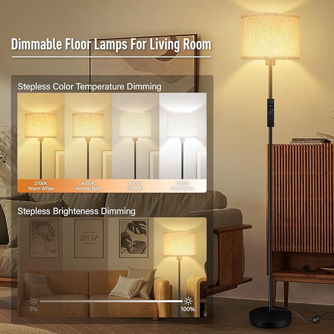 Floor Lamps for Living Room, Stepless Dimmable Floor Lamp with Remote, 2700K-6500K Colors Temperature & Brightness Adjustable,10W/1200LM Bright LED Floor Lamp, Modern Standing Lamp for Bedroom/Office