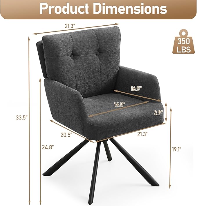 Fabric Dining Chair Modern Upholstered Swivel Dining Room Chairs Comfy Accent Armchair with Mid Back, Desk Arm Chair No Wheels for Kitchen/Living Room/Dining Room, Grey