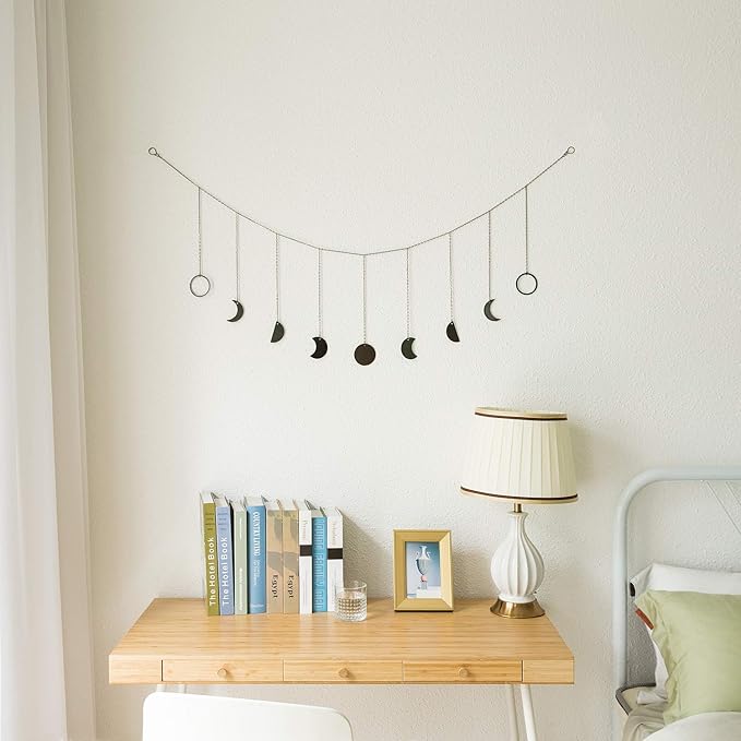Mkono Moon Phase Wall Hanging Boho Aesthetic Room Decor Metal Moons Garland Hanging Art Bohemian Home Decoration for Girls Room Nursery Bedroom Livingroom Dorm, Ideal, Black, 50"