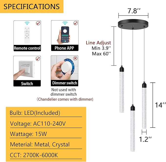 3 Light Black Pendant Lighting Mini Chandelier for Kitchen Island Modern Crystal LED Pendant Light Adjustable Dimmable Pendant Light Fixture for Dinning Room Bedroom Ceiling Hanging Lights 2700K 6000K