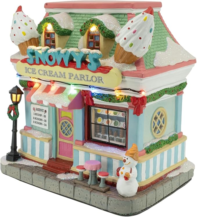Snowy's Ice Cream Parlor Porcelain Christmas Village with LED Lights