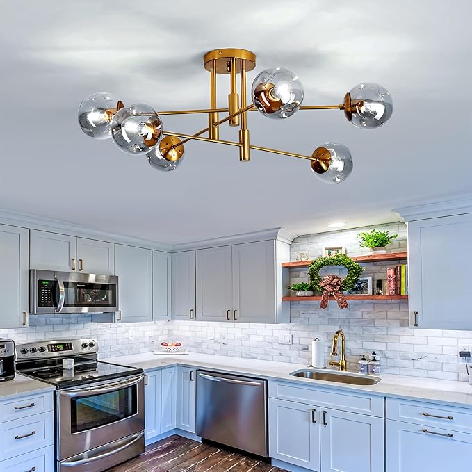 SZXYKEJI 6-Lights Glass Globe Chandelier Modern Flush Mount Ceiling Light Fixture Gold Farmhouse Lighting for Dining Room Living Room Bedroom Kitchen Passageway.