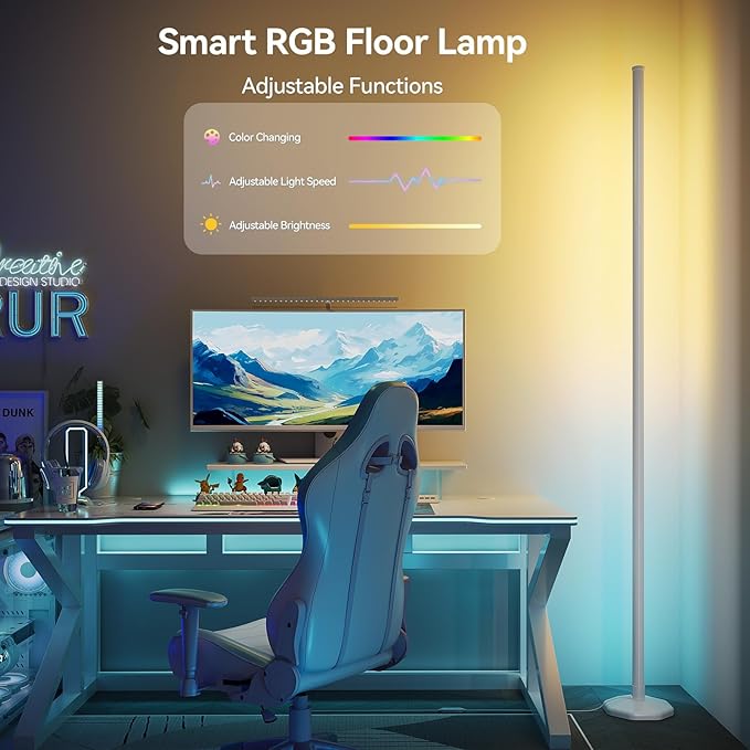 SUNMORY RGB LED Floor Lamp, 57" Corner Lamp with 80+ Scene & Timer, Smart Modern Ambient Lighting with Music Sync & 16 Million Colors, Remote & App Floor Lamps for Living Room, Bedroom, Gaming Room