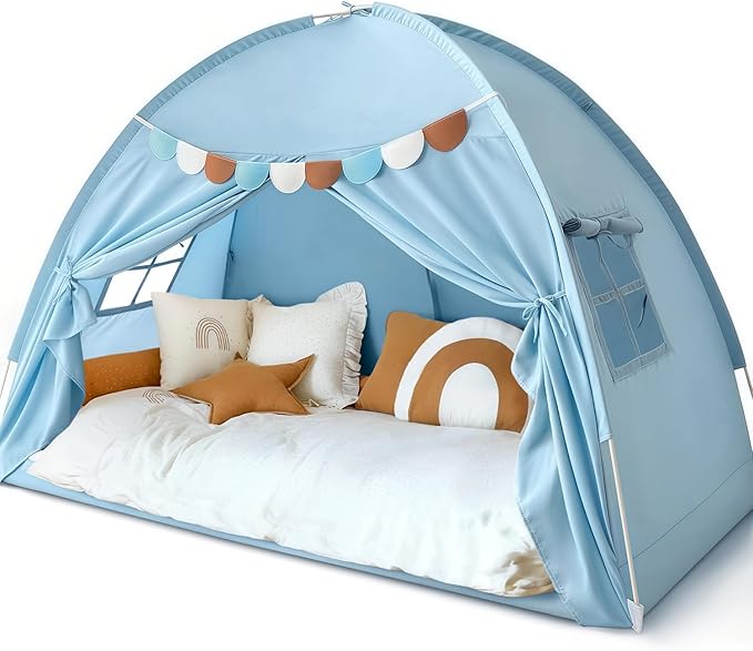 Sherilyn Twin Bed Canopy Tent, Canopy on Bed Privacy Space Sleeping Blackout Tents Bunk Bed Tent Twin Size (Blue)