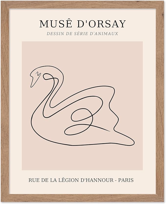 Poster Master Vintage Poster - Retro One Line Swan Drawing Print - Swan Art - Bird Art - Minimal Gift for Her, Animal Lover - Abstract Decor for Home, Office, Bedroom, 8x10 Beige Framed