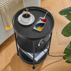 Dulcii Round Side Table with Charging Station, 24'' End Table with 3 Shelves for Living Room, Bedroom Nightstand with Steel Frame for Small Spaces, Industrial Round Sofa Table (USB+Black)