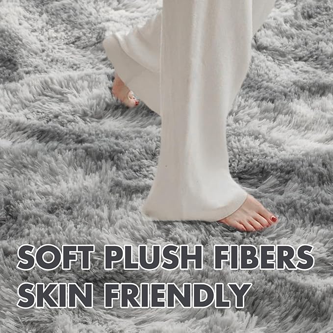 5x7 Ft Shag Area Rug for Bedroom, Tie Dyed Ultra Soft Fluffy Furry Rugs for Living Room Indoor Floor, Aesthetic Carpet for Kids Home Decor (Grey)