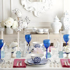 Double Sided Vintage Ribbed Taper Glass Candle Holders,Tea Candle Holder for Table Centerpieces, Wedding Decorations and Dinner Parties (Bule, 6 PCS)