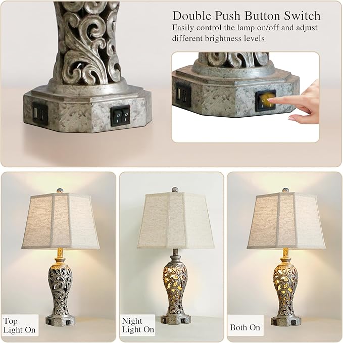 Vintage Table Lamps Set of 2 for Living Room Bedroom, 2 USB Ports 25'' Rustic Farmhouse Desk Lamp with Nightlight, Iron Gray Hollow Out Resin Lamp for End Table (Bulbs Included)