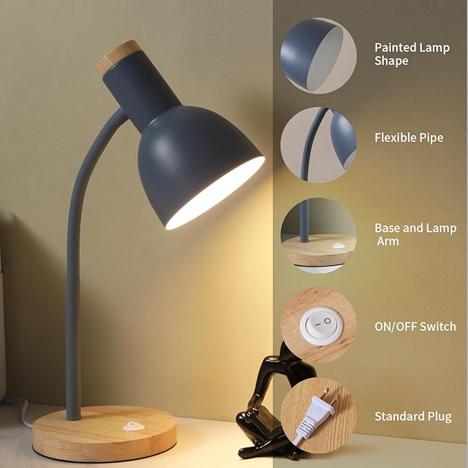 Table Lamp,Wooden Adjustable Desk Lamp,Dorm Lamp&Bedside Lamp for Living Room, Bedroom, Kids Room (Grey)