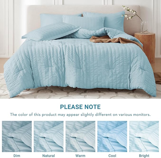 MUXHOMO 7 Pieces Full Comforter Set, Seersucker Bed in a Bag Full Size, All Season Luxury Bedding Set with Comforter, Flat Sheet, Fitted Sheet, Pillowcases & Shams, Lake Blue