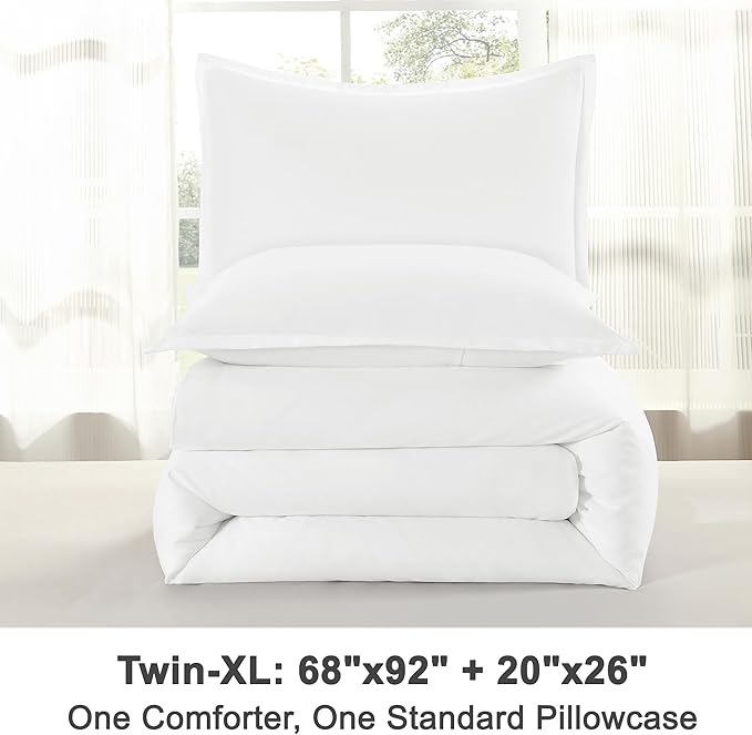 Litanika Comforters Twin XL Size White, 2 Pieces Lightweight Solid Bedding Set & Collections, All Season Fluffy Bed Set (68x92 Inches Comforter & 1 Pillowcase)