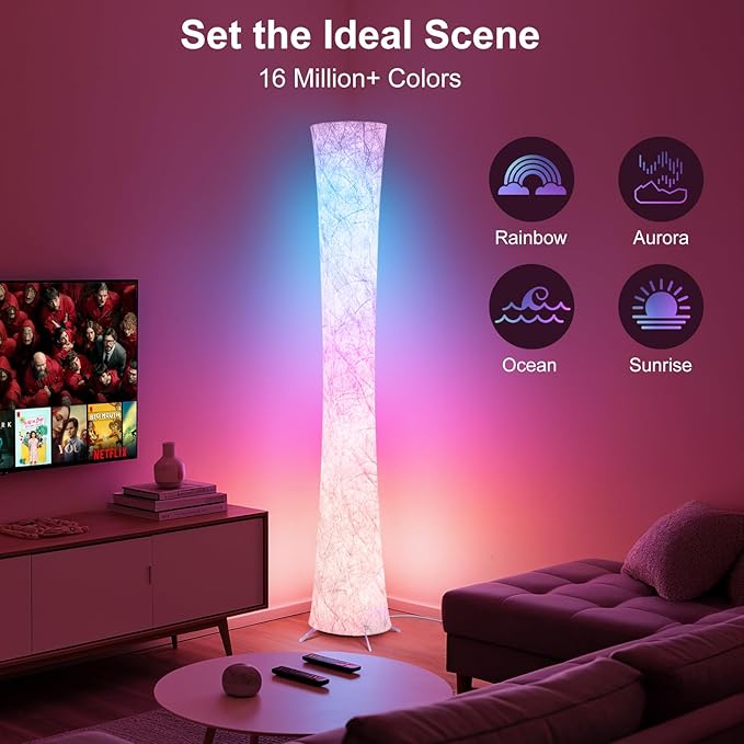 WORLD WIN Floor Lamp, 61'' Smart RGB LED Corner Lamp with Music Sync and 16 Million DIY Colors, 3 Color Temperature, APP & Remote Control, Color Changing Standing Floor Lamp for Bedroom Living Room
