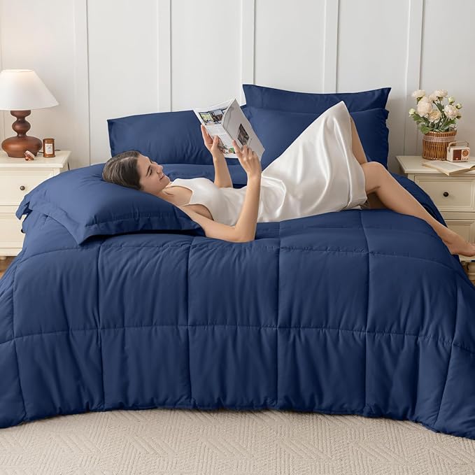 JOLLYVOGUE Full Comforter Set, Ultra-Soft Bed in a Bag Full Size 7 Pieces, Oeko-TEX Certified Bedding Set with Down Alternative Comforter, Sheets, Pillowcases & Shams, Navy