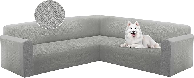 HDCAXKJ Sectional Couch Cover L Shape Stretch Sofa Covers Washable Jacquard Corner Couch Slipcover Non Slip Sectional Slip Cover U Shaped Furniture Protector for Pets Dogs (Silvery Grey, Large)