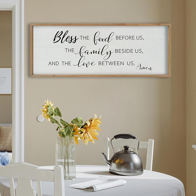 SRSZHIYUE Bless the Food Before Us Wall Sign Decor 40"×15" Christian Bible Verse for Farmhouse Rustic Kitchen Dining Room Framed Wood Scripture Religious Jesus Prayer Wall Art (Wood)