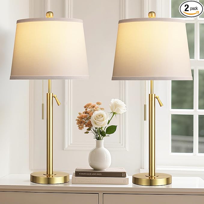 PARTPHONER Bedside Lamps Set of 2, Tall Table Lamps for Living Room, Height Adjustable Nightstand Lamps for Bedroom Office, Modern End Table Lamps with Pull Chain(LED Bulbs Included), Gold