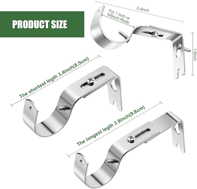 Frienda 6 Pcs Curtain Rod Brackets Adjustable Holder Wall for 1 Inch Diameter Curtain Rod General Bracket Hooks with Screws (Silver)